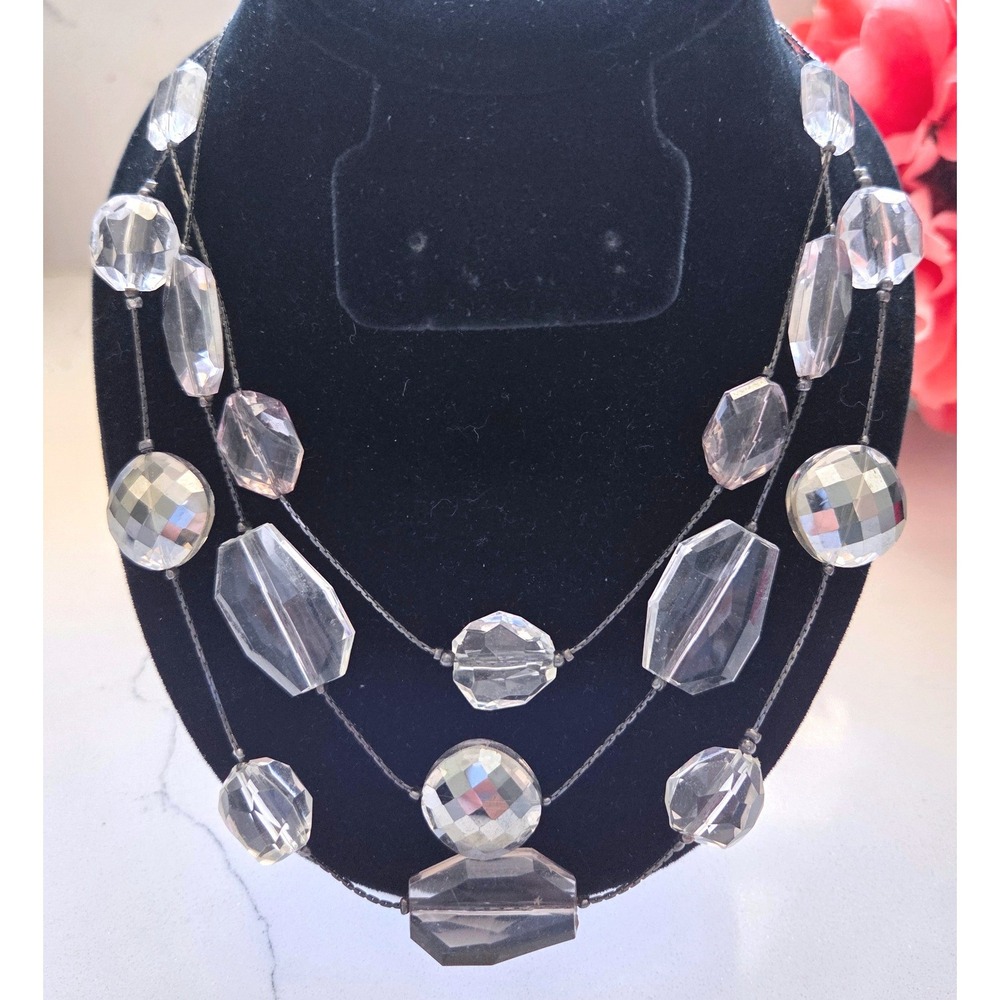 Chicos Triple Strand Faceted Bead Necklace Smoky Clear Grey Gunmetal Tone